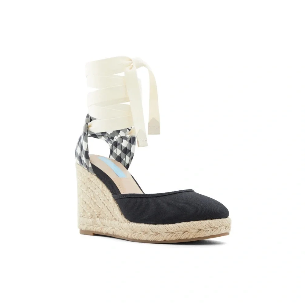 Draper James | Olivia Gingham Canvas Espadrille Wedges Black White Various Sizes